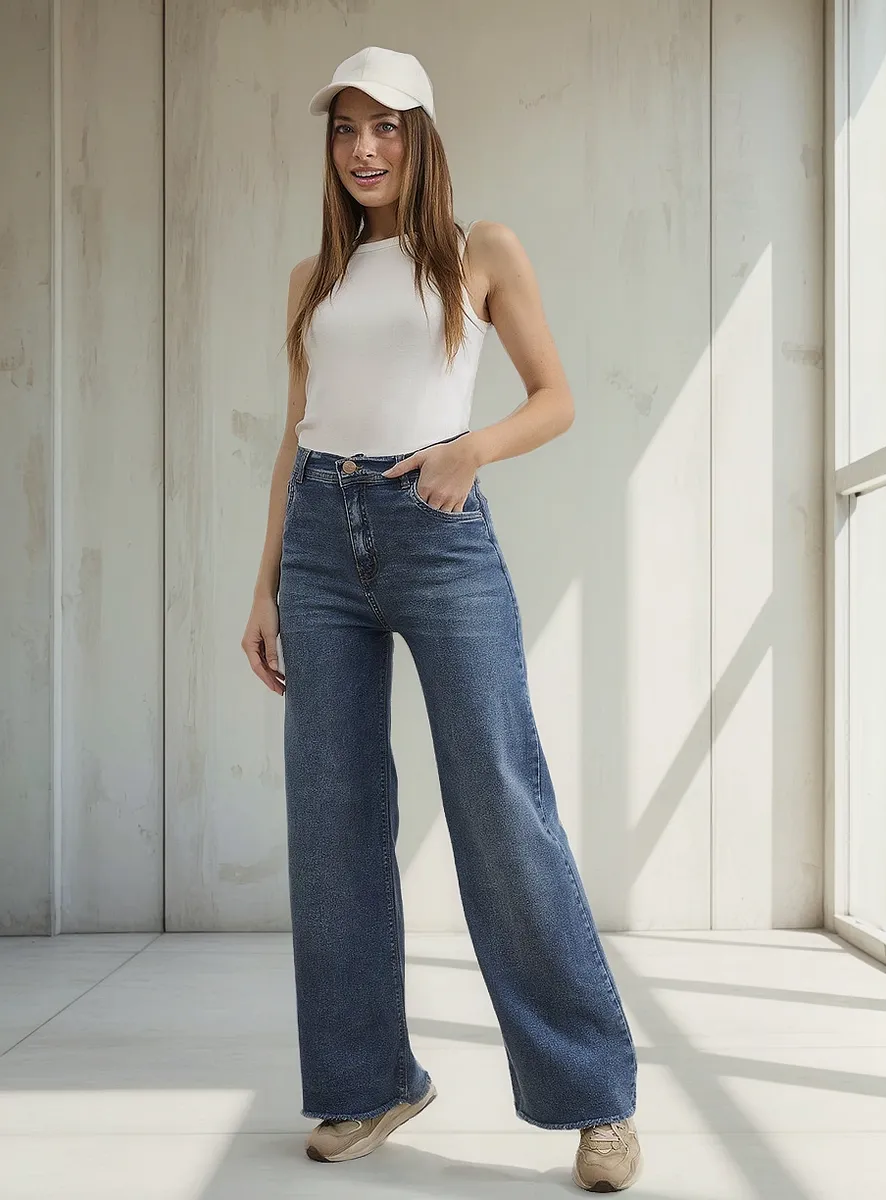 Jeans Cenitho Wide Leg Azul Elastizado con bota desflecado