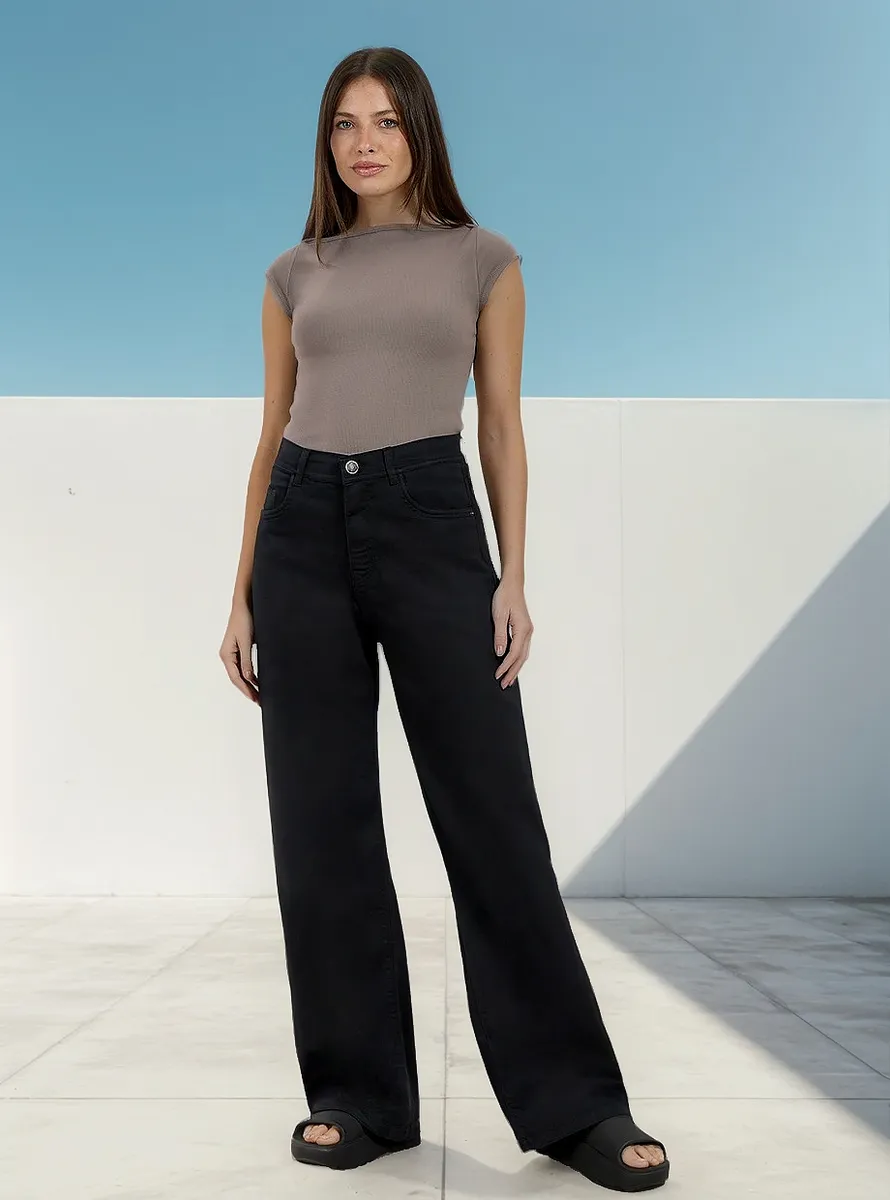 Jeans Cenitho Wide Leg Clásico Negro Elastizado
