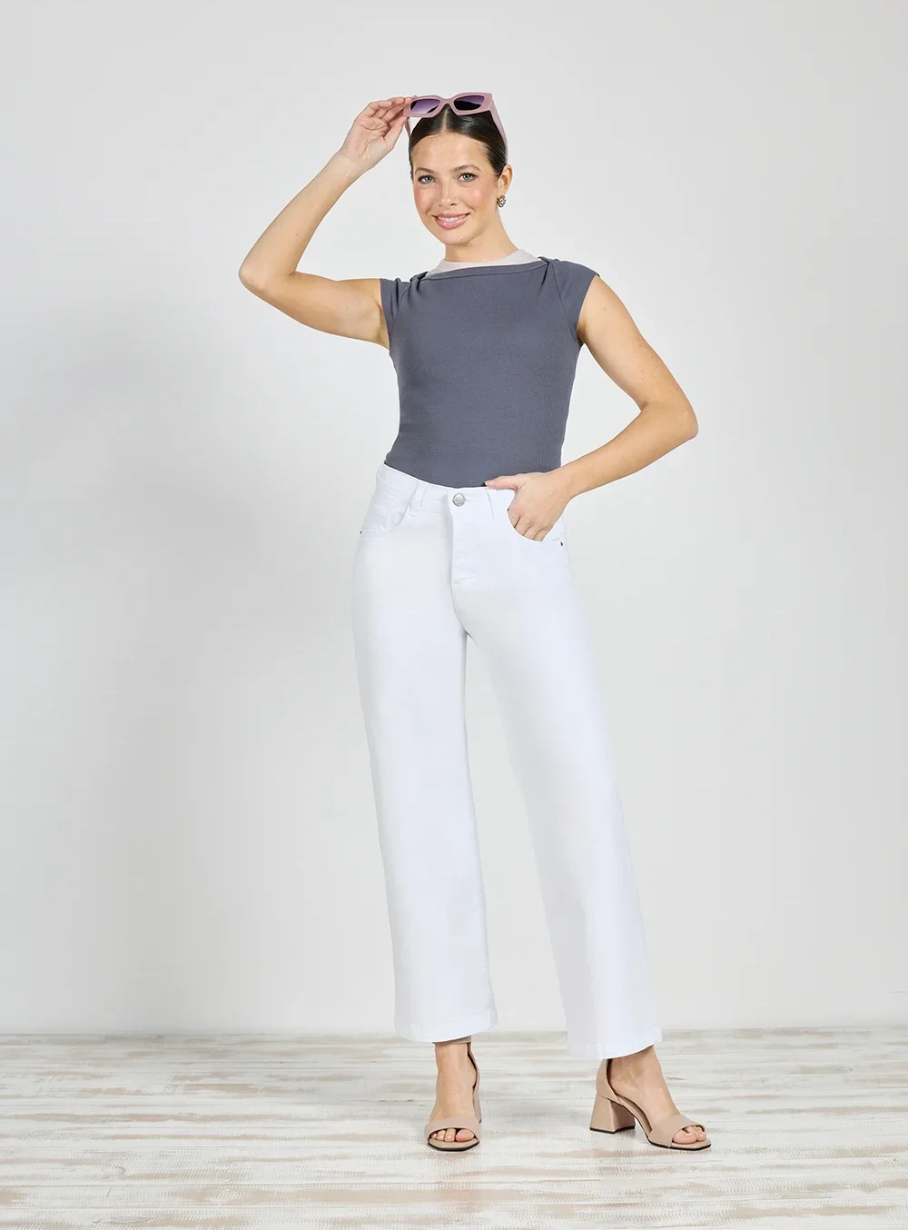 Jeans Cenitho Crop Wide Leg Blanco Elastizado