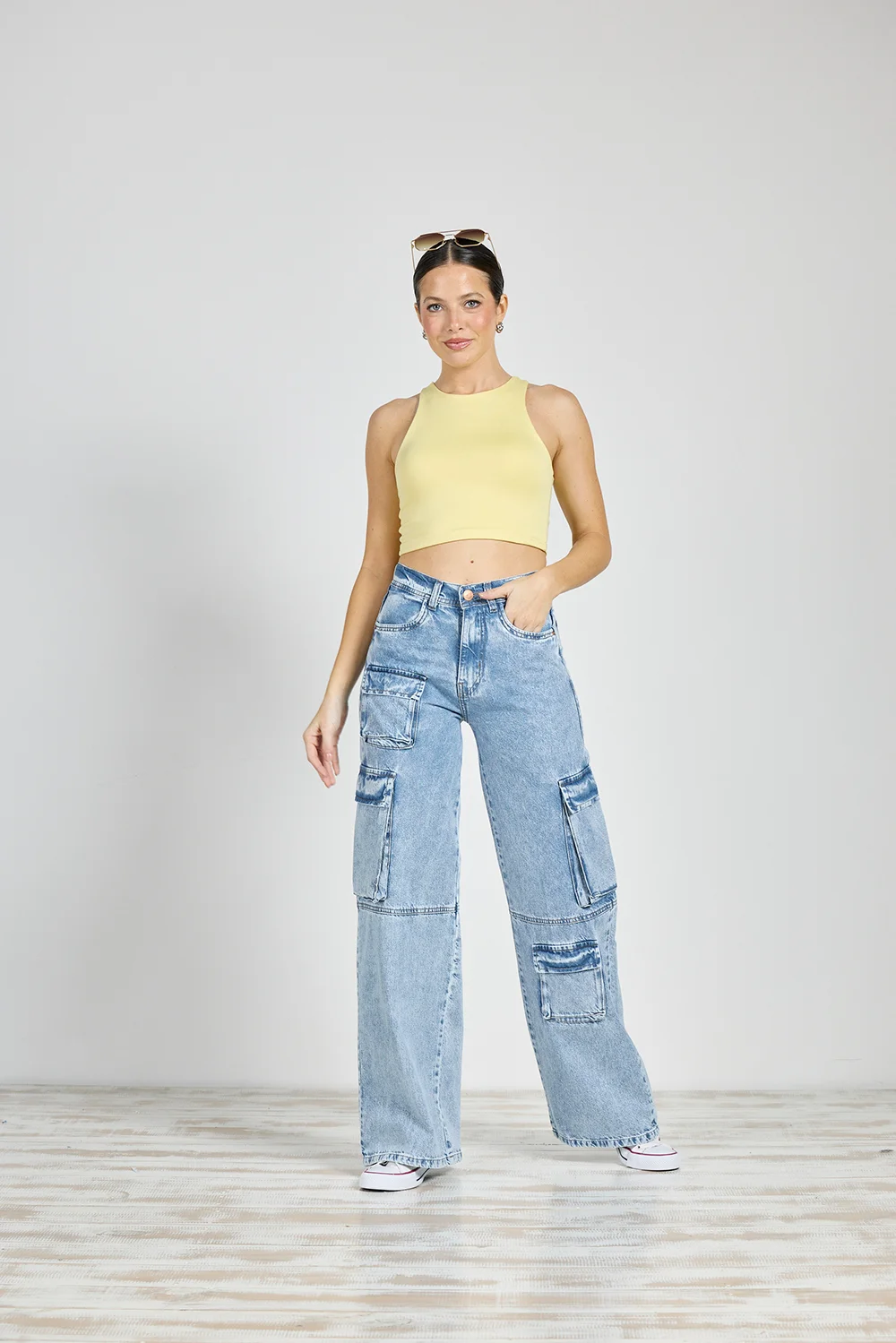 Jean Cenitho Wide Leg Cargo Bolsillo delantero Celeste Rígido