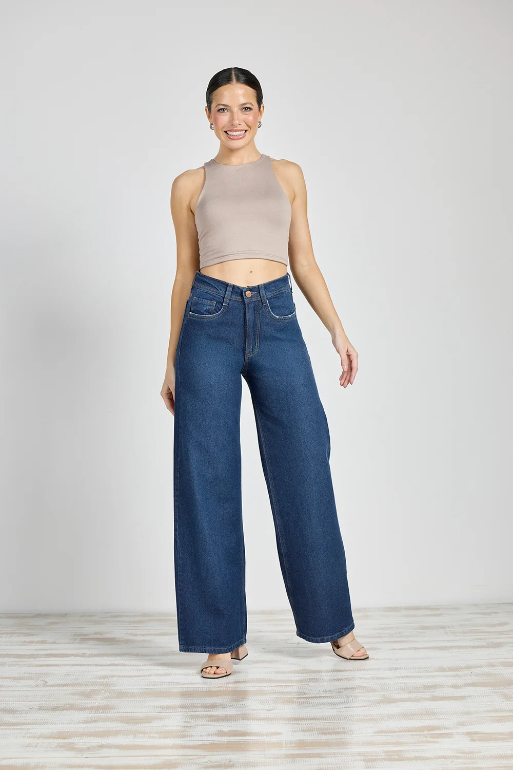 Jean Cenitho Wide Leg Clásico Bolsillo Pulido Azul Rígido