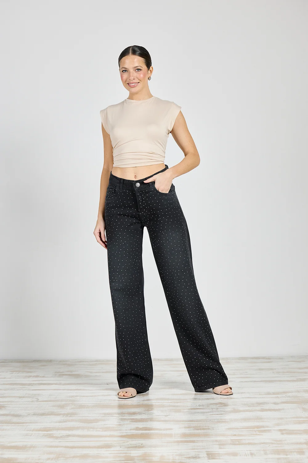 Jean Cenitho Wide Leg con Strass Brillo Negro Rígido