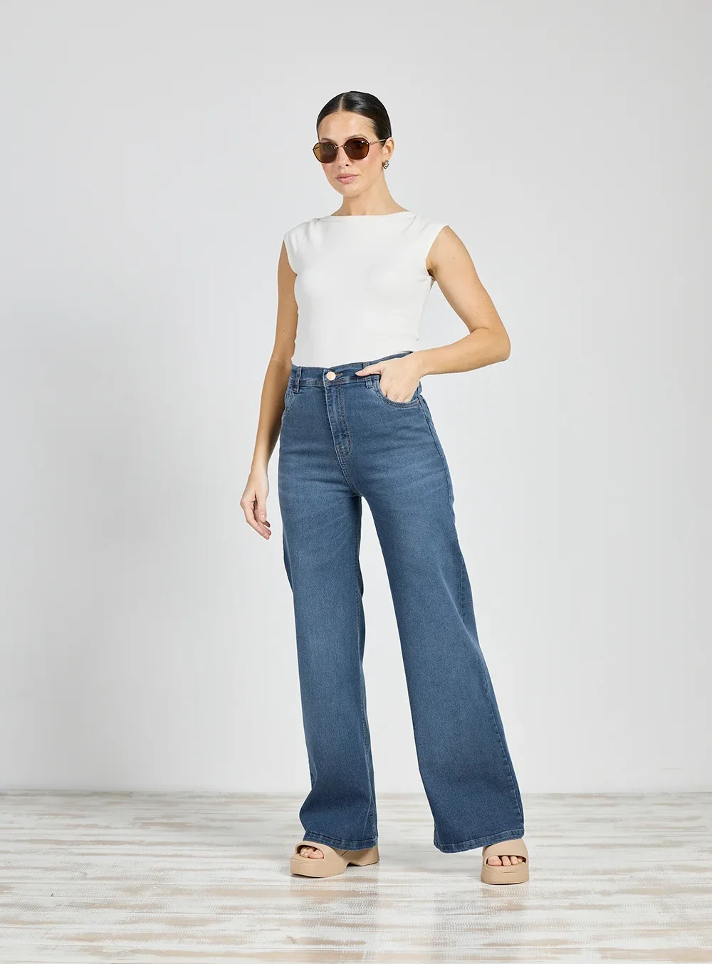 Jeans Cenitho Wide Leg Azul Localizado Elastizado