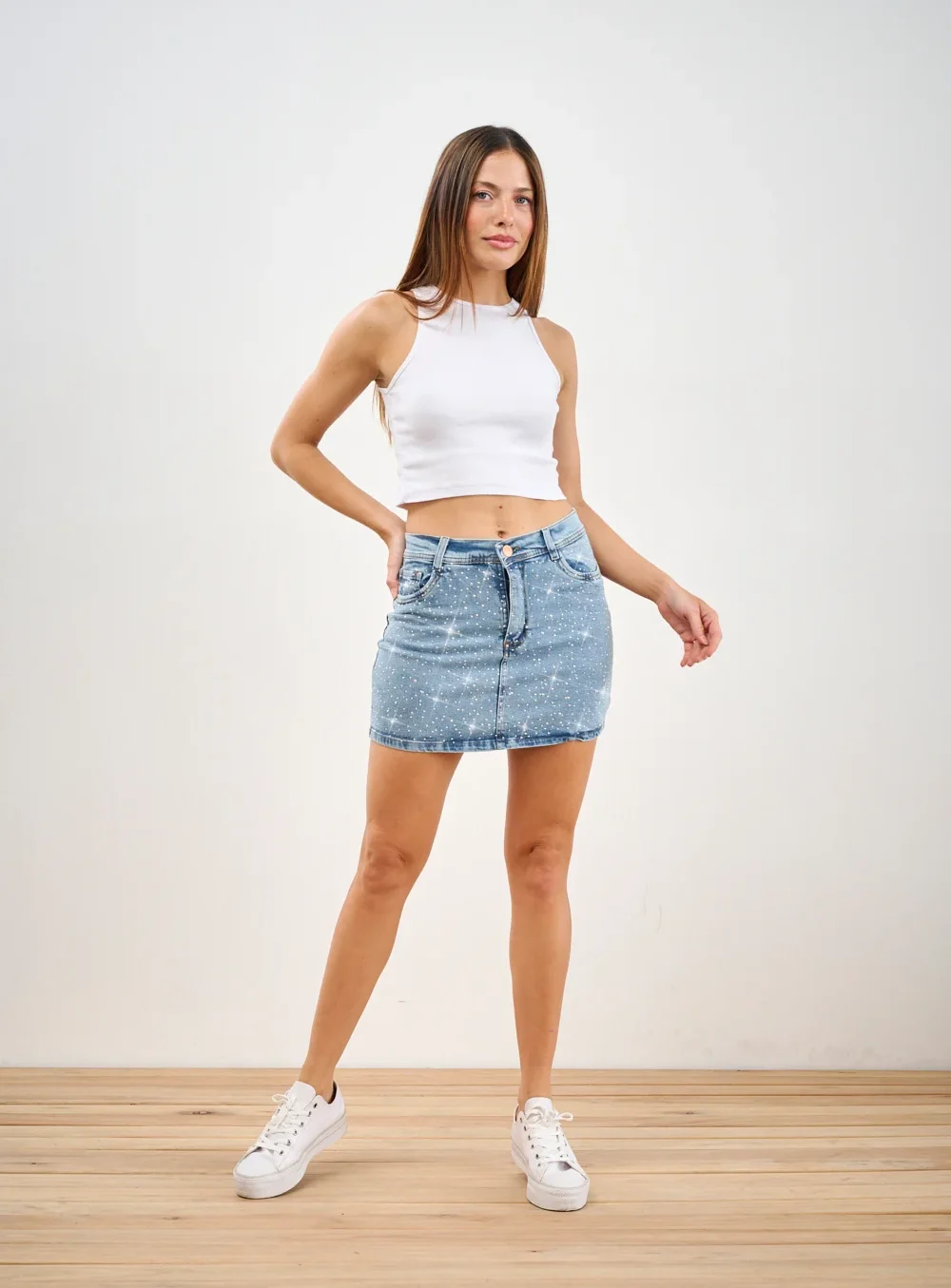 Pollera Cenitho con Strass Brillo Celeste Elastizado